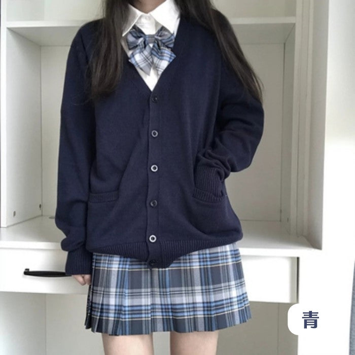 シャツ+チェック柄スカート+リボンタイ+カーディガン4点セット(33)◆カーディガンセット 学生服 S、M、L、XL、XXL