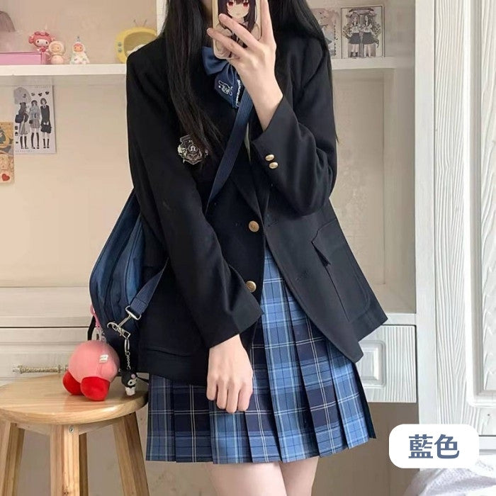 チェック柄スカート+シャツ+リボンタイ+ブレザー4点セット『1』◆ブレザーセット 学生服 S、M、L、XL