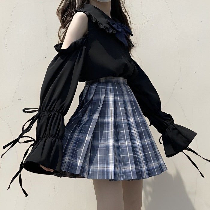 オフショルシャツ+チェック柄スカート+リボンタイ3点セット[8]◆上下セット ガーリー系 S、M、L、XL、XXL