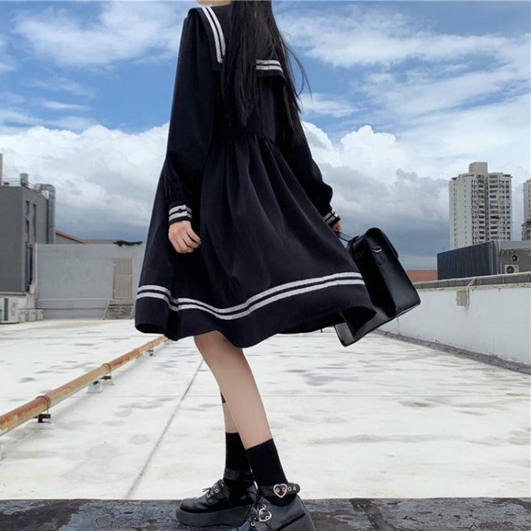 ネイビーカラービッグリボンワンピース◆ワンピース ガーリー系 S、M、L、XL