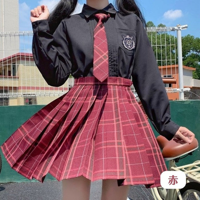 シャツ+チェック柄スカート+ネクタイ+リボンタイ4点セット「10」◆上下セット 学生服 XS、S、M、L、XL、XXL