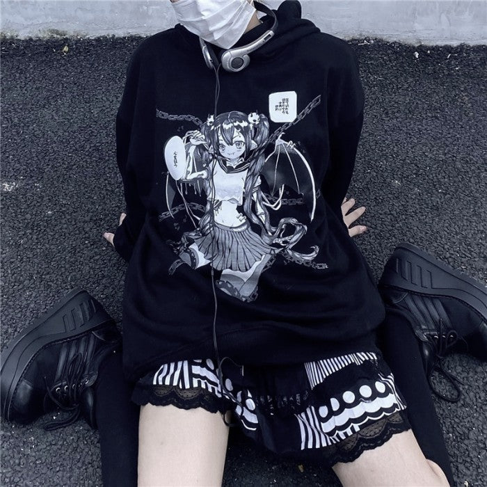 ヴァンパイアイラストプリントパーカー◆パーカー 地雷系 M、L、XL、XXL