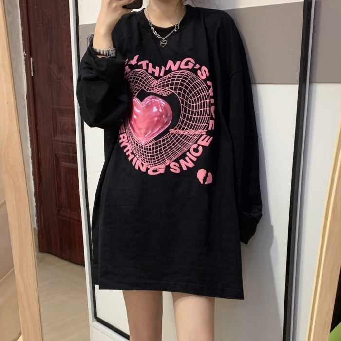 ピンクハートプリント長袖シャツ◇シャツ ガーリー系 M、L、XL、XXL