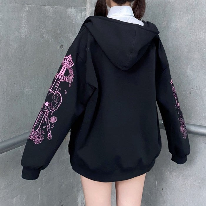 スカルデザインスリーブパーカー◆パーカー 地雷系 S、M、L、XL、XXL