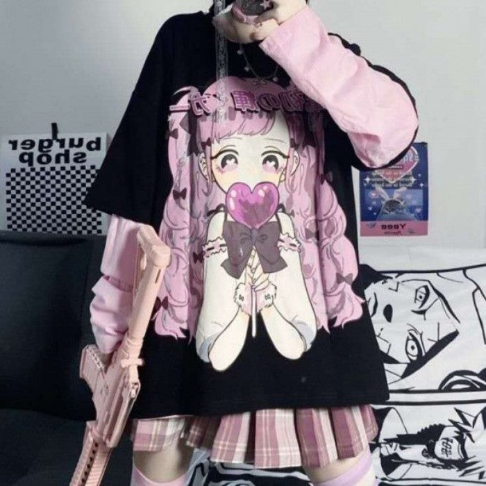 ハートガールフェイクツーピースシャツ◆シャツ ガーリー系 S、M、L、XL、XXL