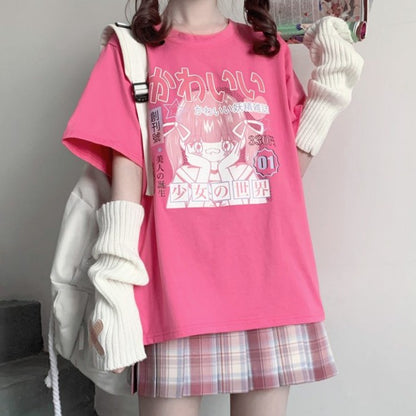 イラストプリントTシャツ少女世界ver◆イラストTシャツ ガーリー系 M、XL