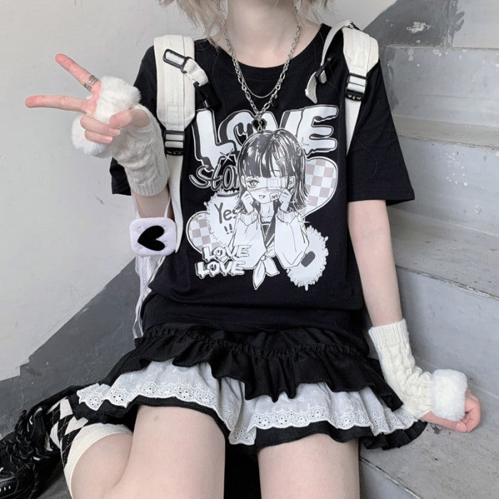 イラストプリントTシャツラブストーリーver◆イラストTシャツ ガーリー系 M、XL
