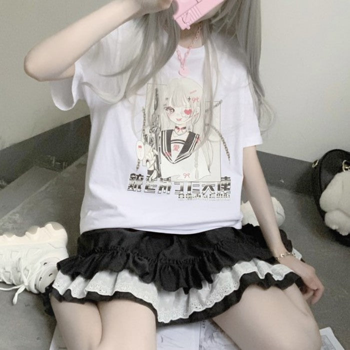 イラストプリントTシャツ大使ver◆イラストTシャツ ガーリー系 M、XL