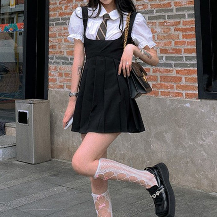 パフスリーブシャツ+ストラッププリーツスカートセットアップ◆上下セット 量産型 S、M、L、XL、XXL