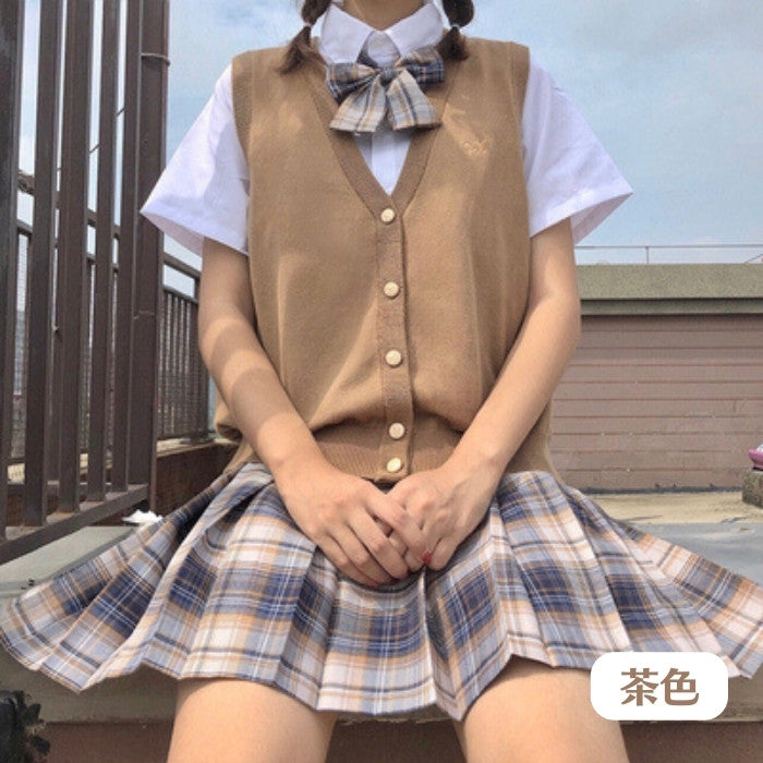 半袖シャツ+チェック柄スカート+リボンタイ+Vネックベスト4点セット(1)◆ベストセット 学生服 S、M、L、XL