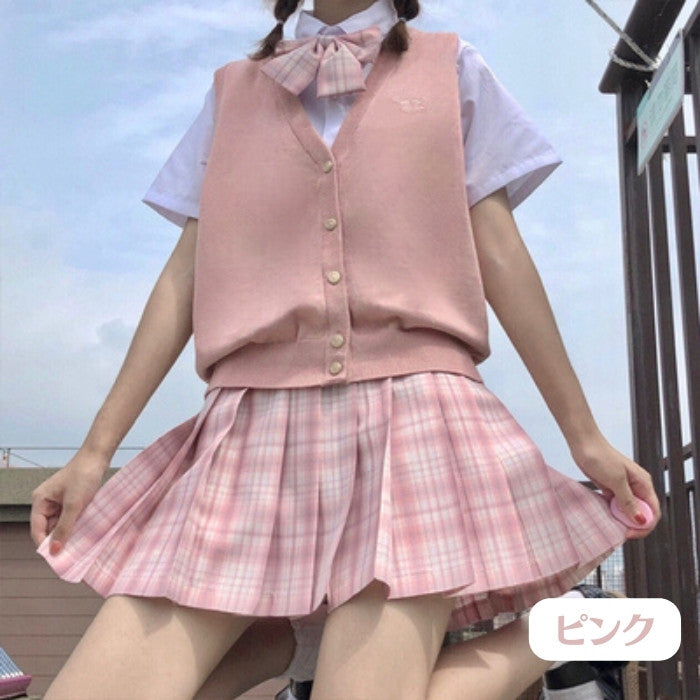 半袖シャツ+チェック柄スカート+リボンタイ+Vネックベスト4点セット(2)◆ベストセット 学生服 S、M、L、XL