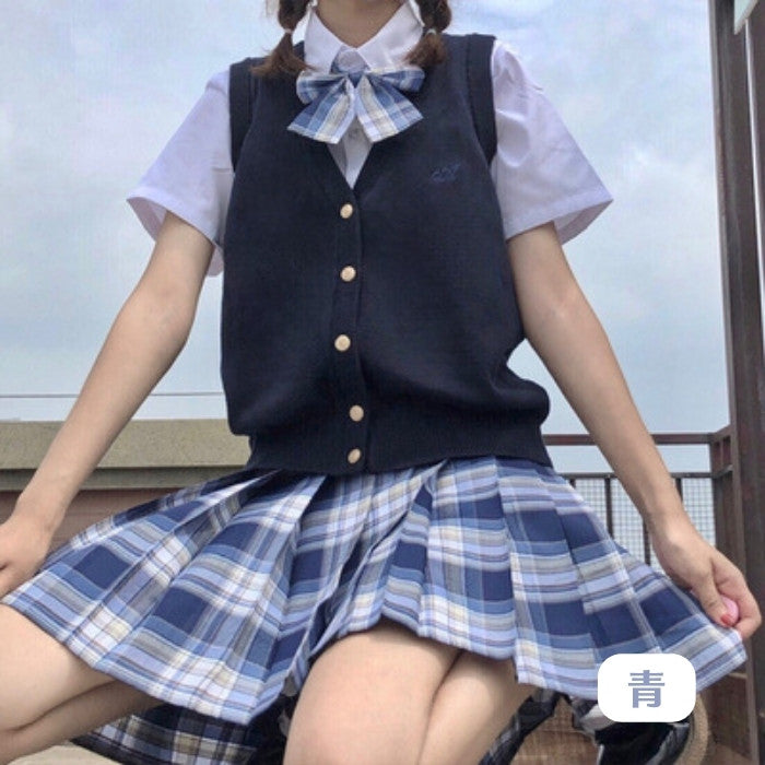 半袖シャツ+チェック柄スカート+リボンタイ+Vネックベスト4点セット(3)◆ベストセット 学生服 S、M、L、XL