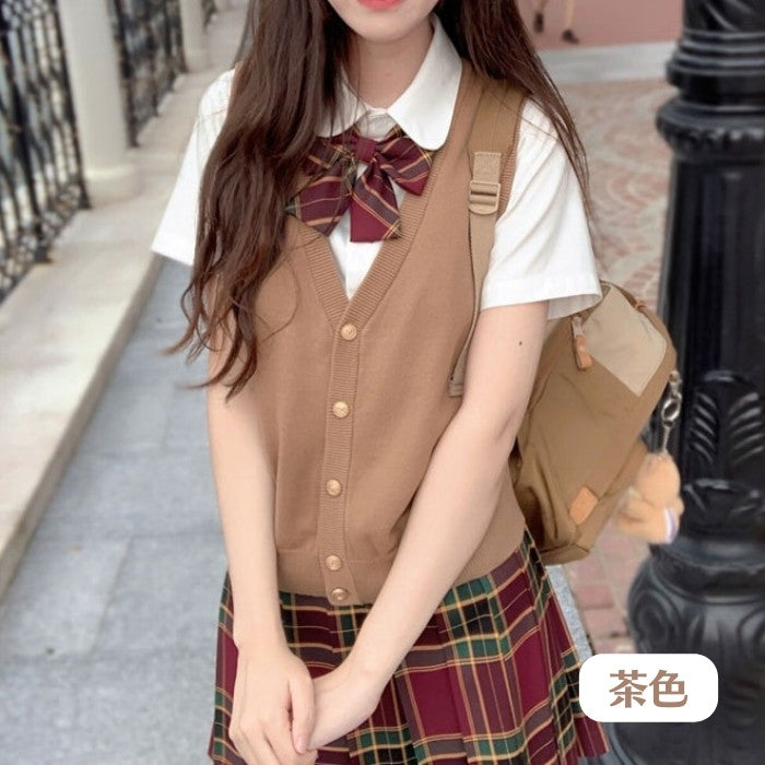半袖シャツ+チェック柄スカート+リボンタイ+Vネックベスト4点セット(4)◆ベストセット 学生服 S、M、L、XL