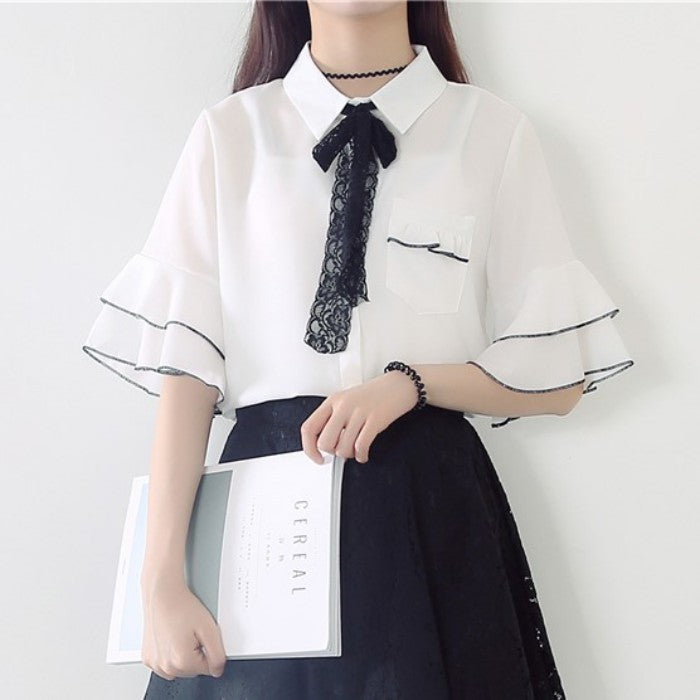 ベルスリーブボウタイシャツ◆シャツ ガーリー系 S、M、L、XL、XXL