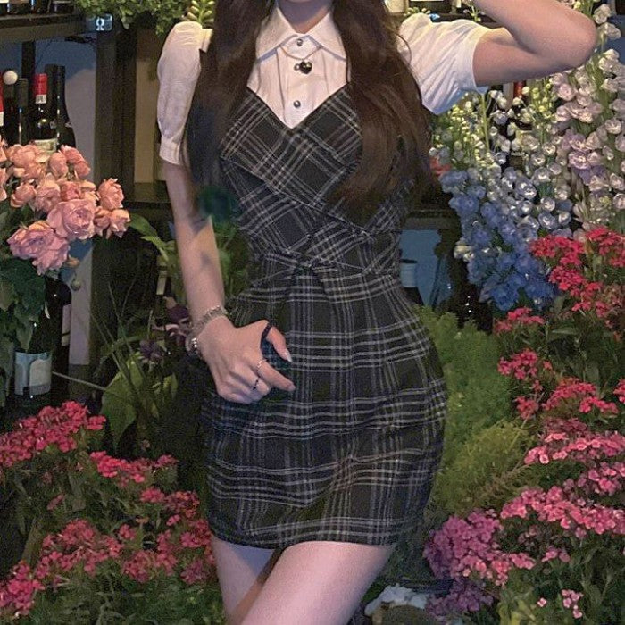チェック柄パフスリーブフェイクツーピース◆フェイクツーピース 大人ガーリー系 S、M、L