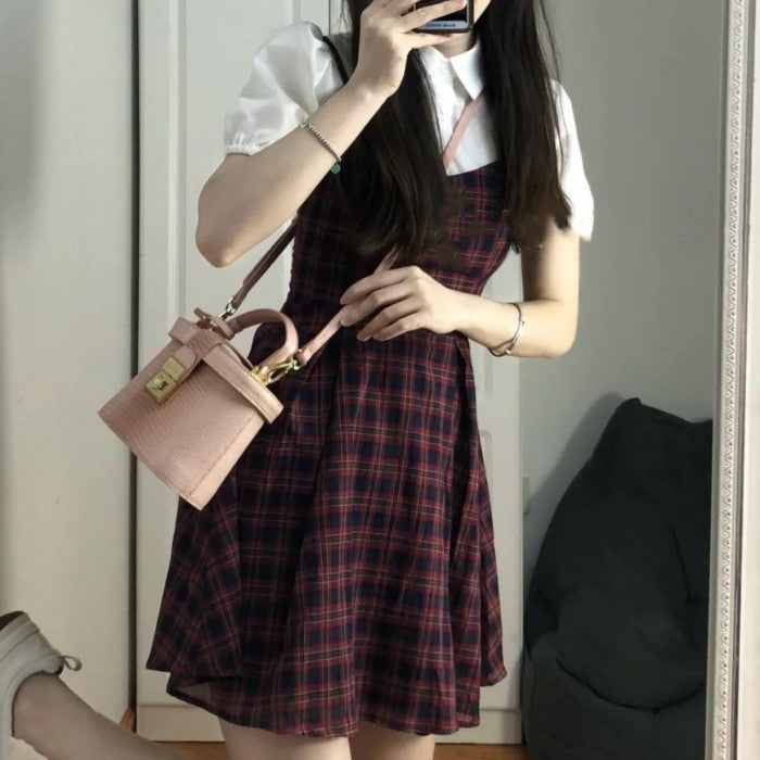 格子柄パフスリーブフェイクツーピース◆フェイクツーピース ガーリー系 S、M、L