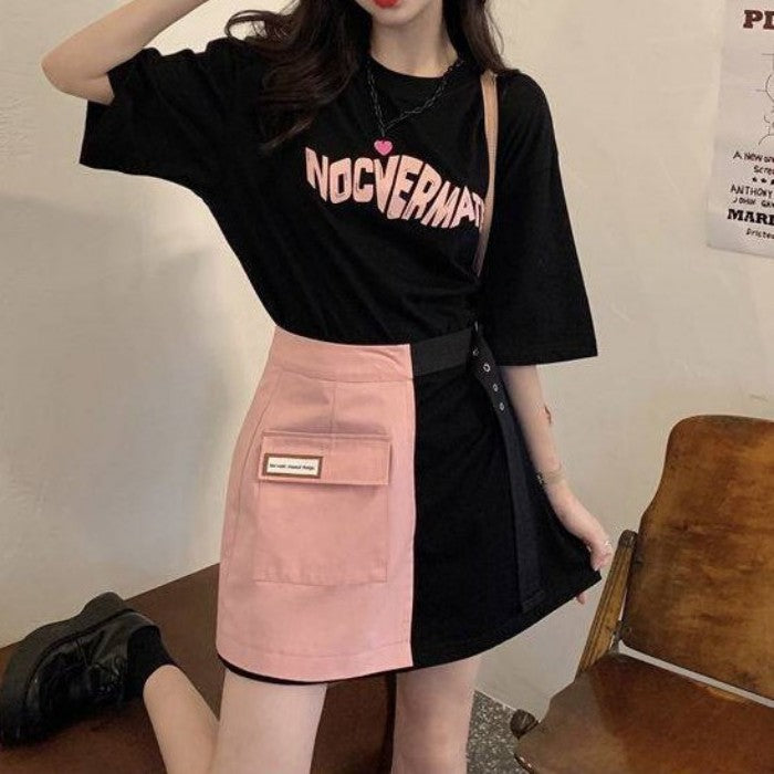 ロングTシャツ+ハーフスカートセットアップ(1)◆上下セット ガーリー系 S、M、L、XL、XXL