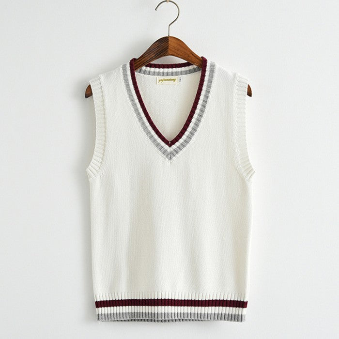 Vネックダブルラインニットベスト(1)◆ベスト 学生服 S、M、L、XL、XXL