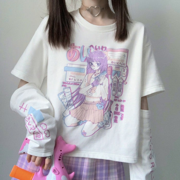 袖取り外し可イラストプリントTシャツあいとへいわver◆イラストTシャツ ガーリー系 S、M、L、XL、XXL