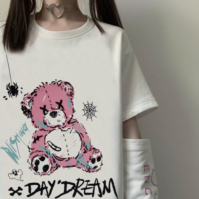 袖取り外し可イラストプリントTシャツDAYクマver◆イラストTシャツ ガーリー系 S、M、L、XL、XXL