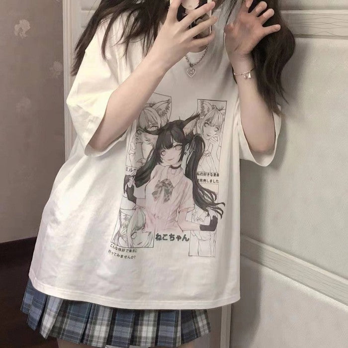 イラストプリントTシャツ猫娘ver◆イラストTシャツ ガーリー系 M、L、XL、XXL