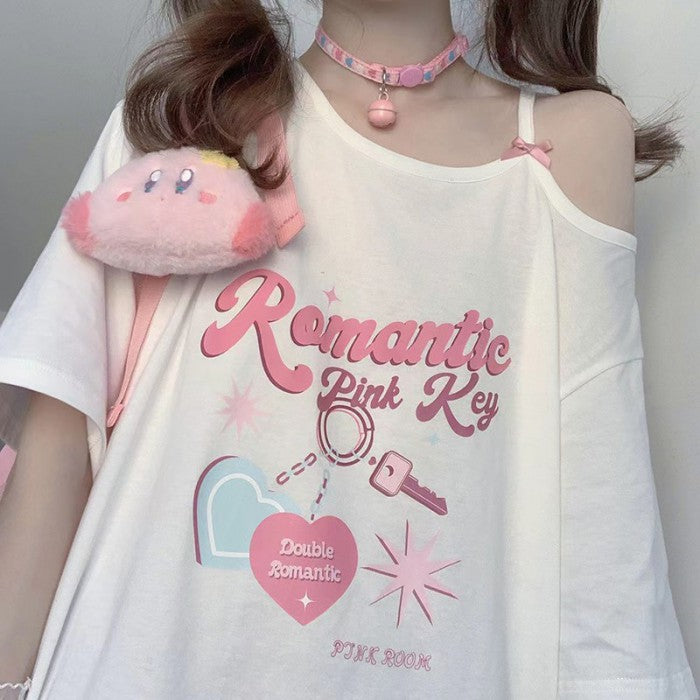 ワンショルダーストラップTシャツピンクキーver◆Tシャツ 地雷系 M、L、XL、XXL