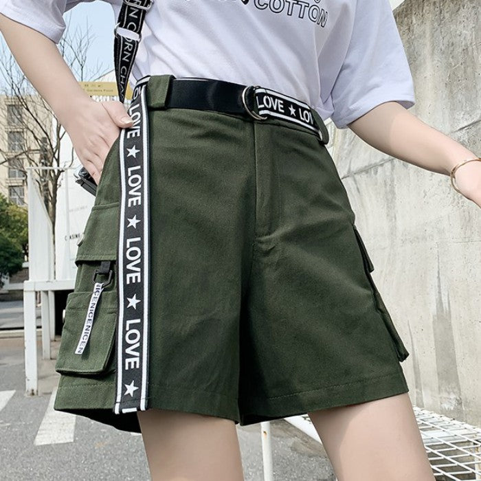 LOVEベルト付ワイドレッグショートパンツ◆ショートパンツ ガーリー系 M、L、XL、XXL