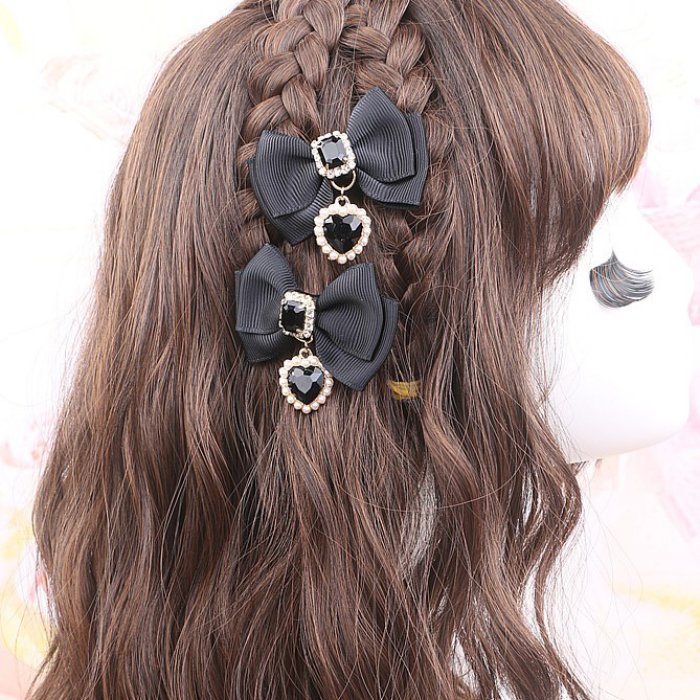 ミニリボンハートラインストーンヘアクリップ2個セット◆ヘアアクセサリー アクセサリー