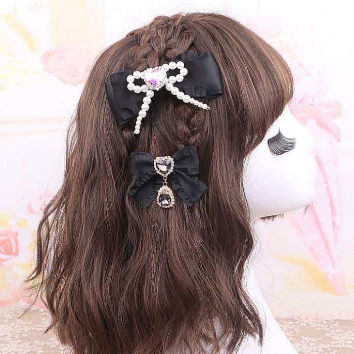 ダブルストーンリボンヘアクリップ2個セット◆ヘアアクセサリー アクセサリー