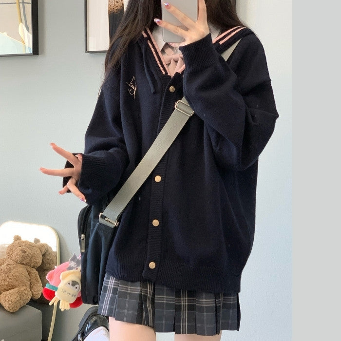 フード付ニットカーディガン◆カーディガン 学生服 S、M、L、XL