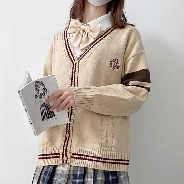 Vネックツイストニットカーディガン[6]◆カーディガン 学生服 S、M、L