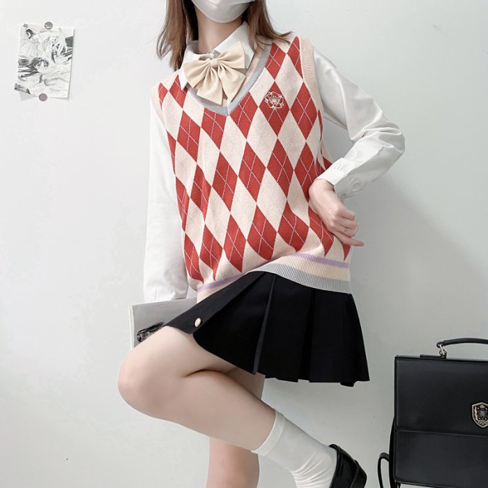 Vネック菱柄ニットベスト◆ベスト 学生服 S、M、L、XL