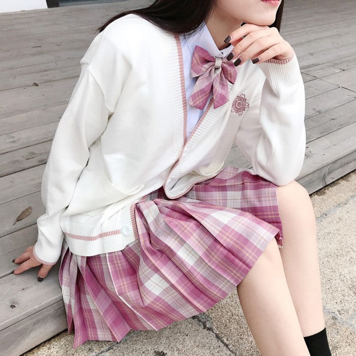 シャツ+チェック柄スカート+リボンタイ+カーディガン4点セット(38)◆カーディガンセット 学生服 S、M、L、XL