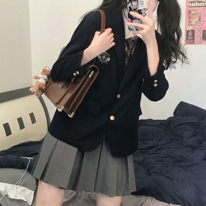 プリーツスカート+シャツ+ネクタイ+ブレザー4点セット『2』◆ブレザーセット 学生服 S、M、L、XL