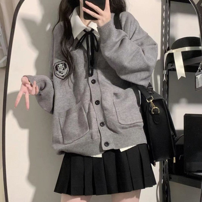 シャツ+プリーツスカート+カーディガン3点セット(47)◆カーディガンセット 学生服 S、M、L、XL