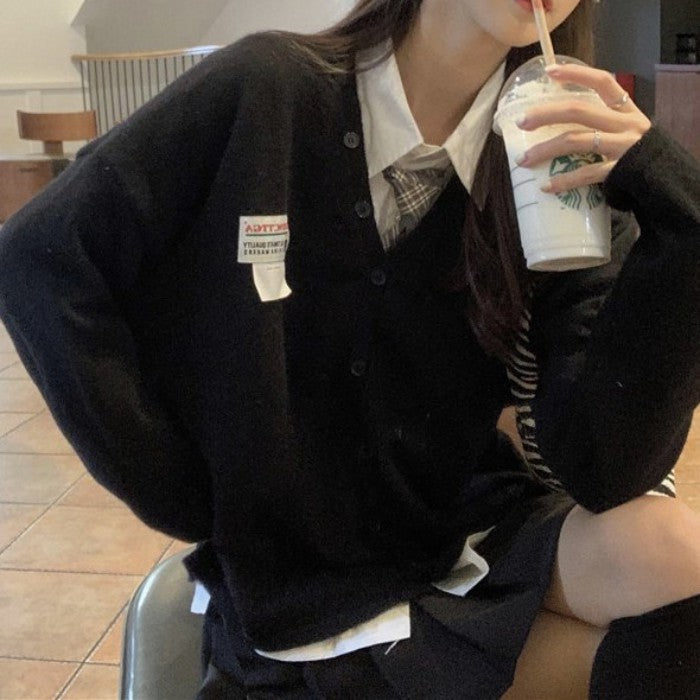 シャツ+プリーツスカート+カーディガン+ネクタイ4点セット(49)◆カーディガンセット 学生服 S、M、L、XL