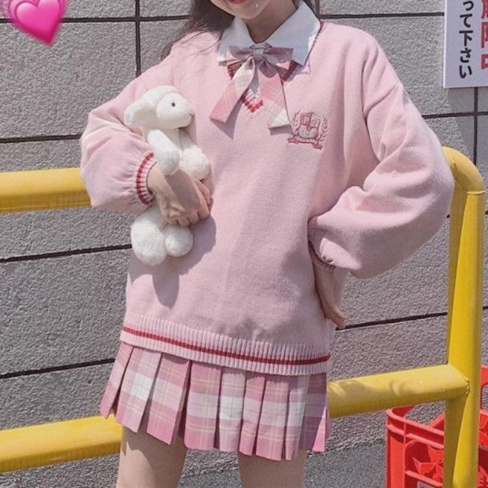 シャツ+チェック柄スカート+セーター+リボンタイ4点セット(51)◆セットアップ 学生服 XS、S、M、L、XL、XXL