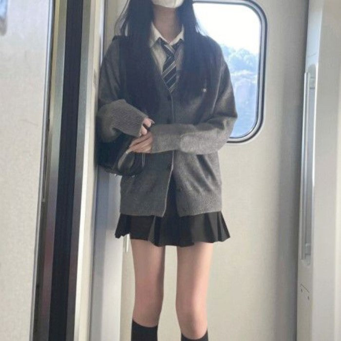 シャツ+プリーツスカート+カーディガン+ネクタイ4点セット(53)◆カーディガンセット 学生服 S、M、L、XL