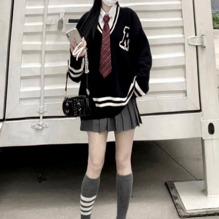 シャツ+プリーツスカート+セーター+ネクタイ4点セット(60)◆セットアップ 学生服 S、M、L、XL、XXL