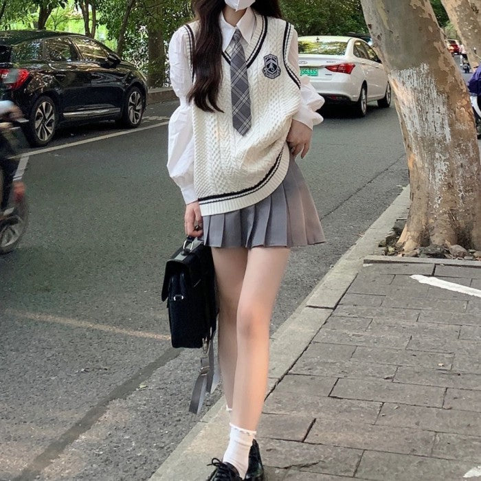 シャツ+プリーツスカート+ベスト+ネクタイ4点セット(61)◆ベストセット 学生服 S、M、L、XL、XXL