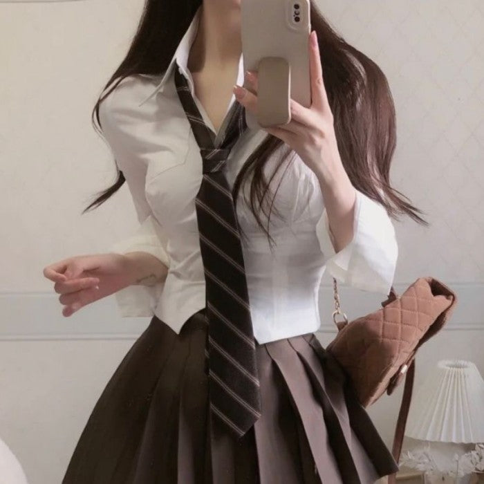 スリムシャツ+プリーツスカート+ネクタイ3点セット「12」◆上下セット 学生服 S、M、L、XL、XXL