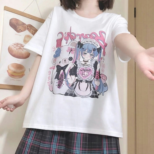 イラストプリントコットンTシャツメイドガールver◆イラストTシャツ ガーリー系 S、M、L