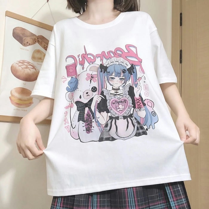 イラストプリントコットンTシャツメイドガールver◆イラストTシャツ ガーリー系 S、M、L