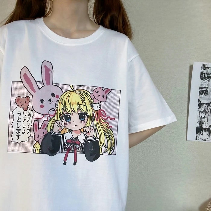 イラストプリントコットンTシャツラビットガールver◇イラストTシャツ