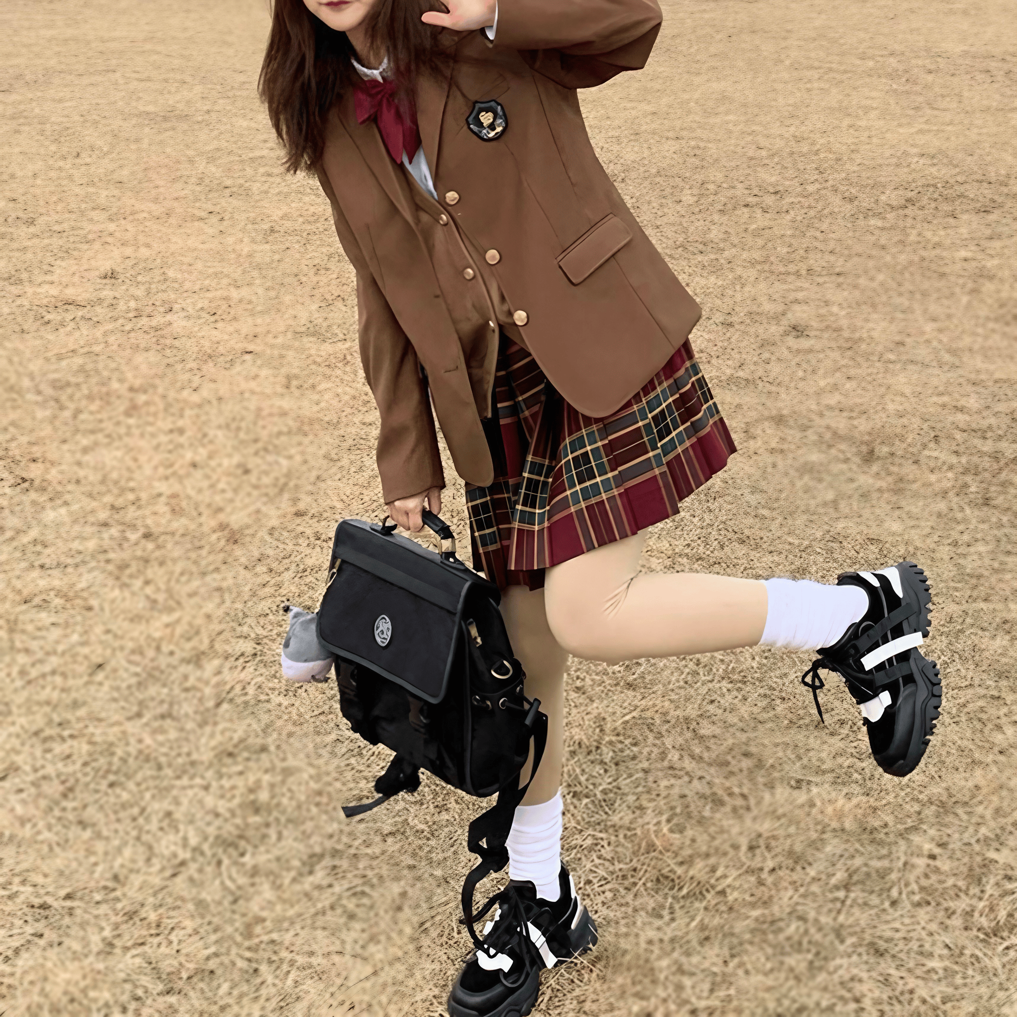 チェック柄スカート+シャツ+リボンタイ+ベスト+ブレザー5点セット『5』◆ブレザーセット 学生服 S、M、L、XL