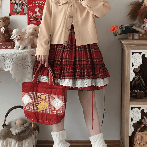 チェック柄ロータスリーフレーススカート◆ミニスカート ガーリー系 ワンサイズ