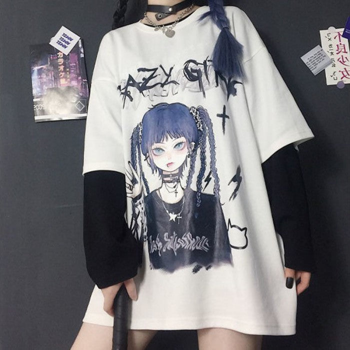イラストプリントTシャツダークガールver◇イラストTシャツ 地雷系 S