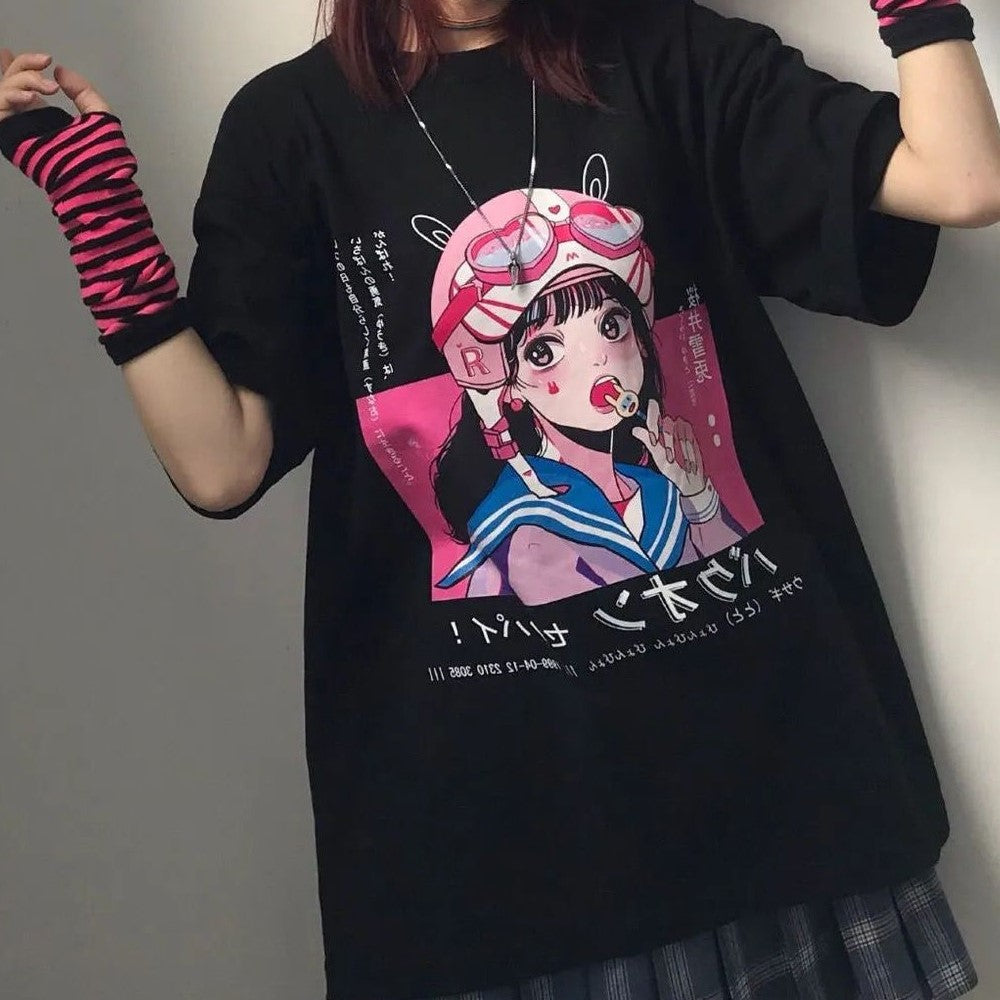 イラストプリントTシャツバクオンver◆イラストTシャツ ガーリー系 M、L、XL