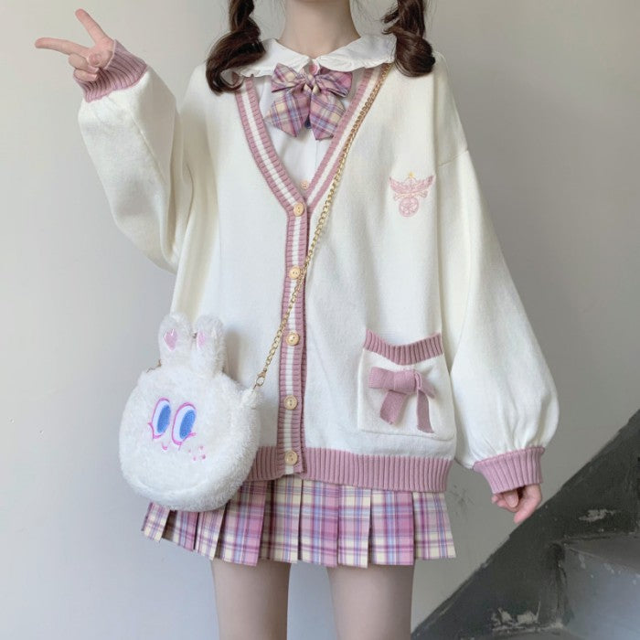 リボンポケットニットカーディガン◆カーディガン 学生服 S、M、L、XL