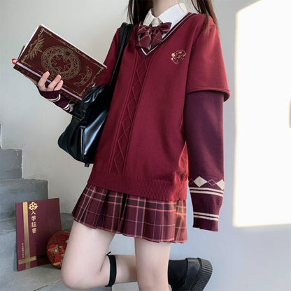 シャツ+チェック柄スカート+リボンタイ+フェイクツーピースセーター4点セット(27)◆セーターセット 学生服 S、M、L、XL